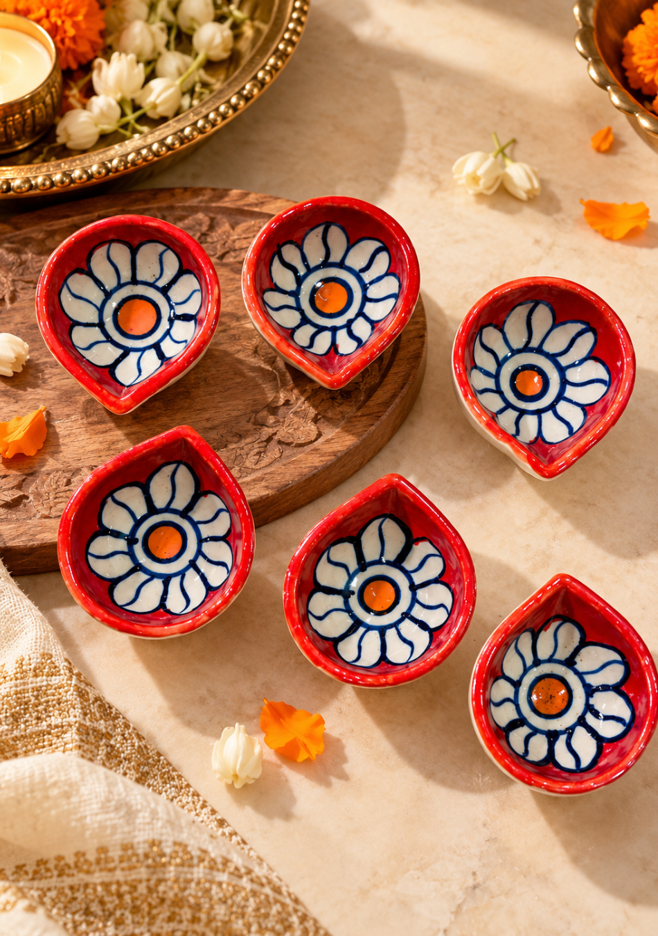 Red Floral Diyas Set of 6