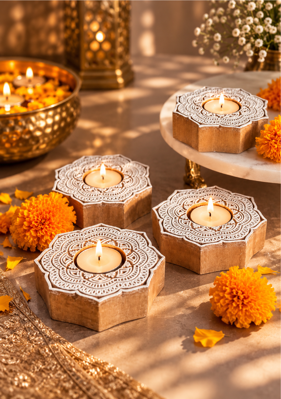 Handcrafted Flower Shape Wooden Diya