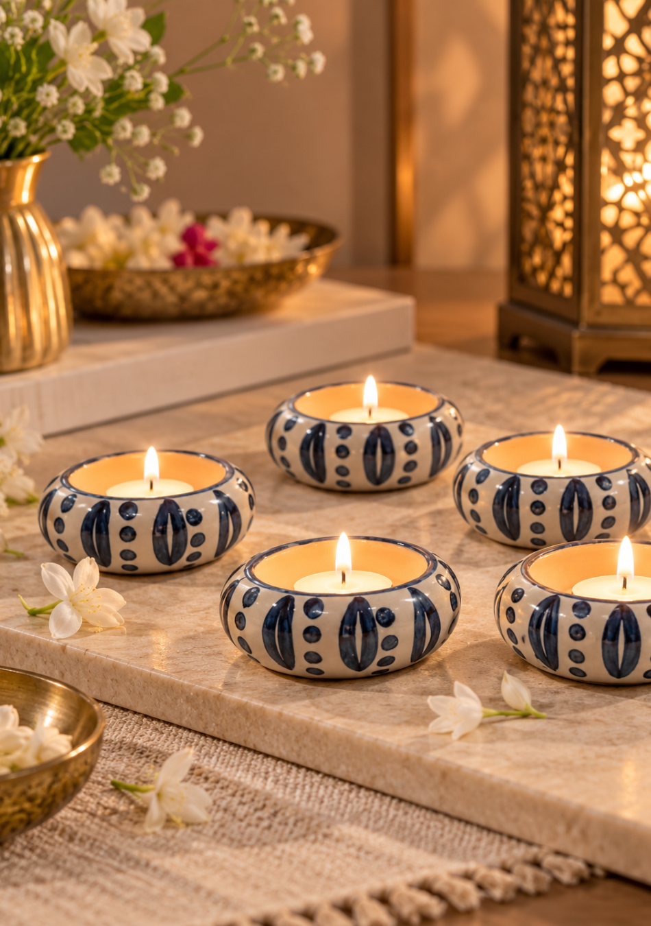 Aravalii Blue Motif Hand-Painted Diya Set of 6