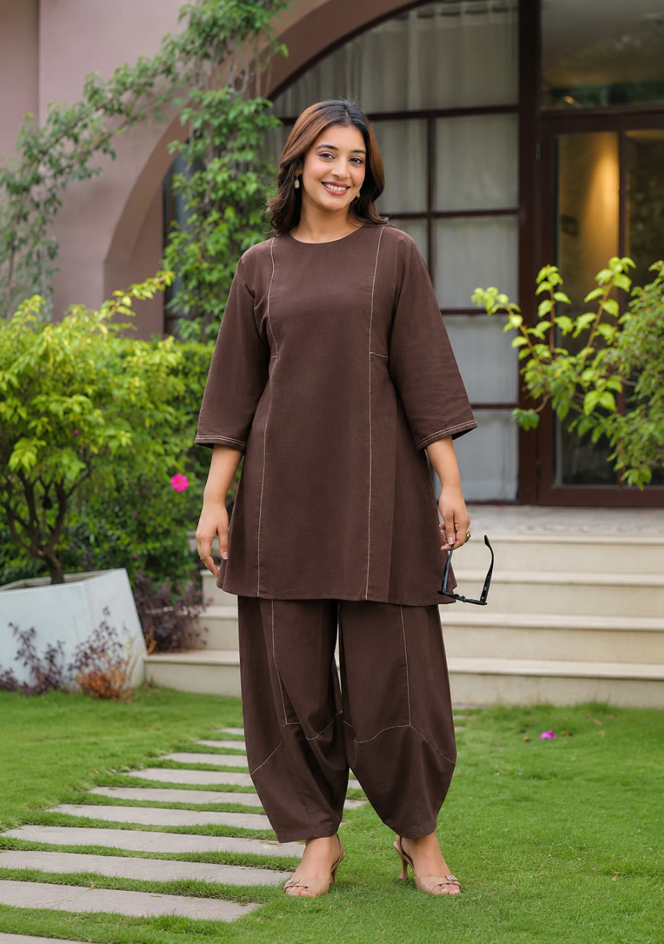 Cocoa Comfort Co-ord Set in earthy brown with A-line top and tulip pants for women