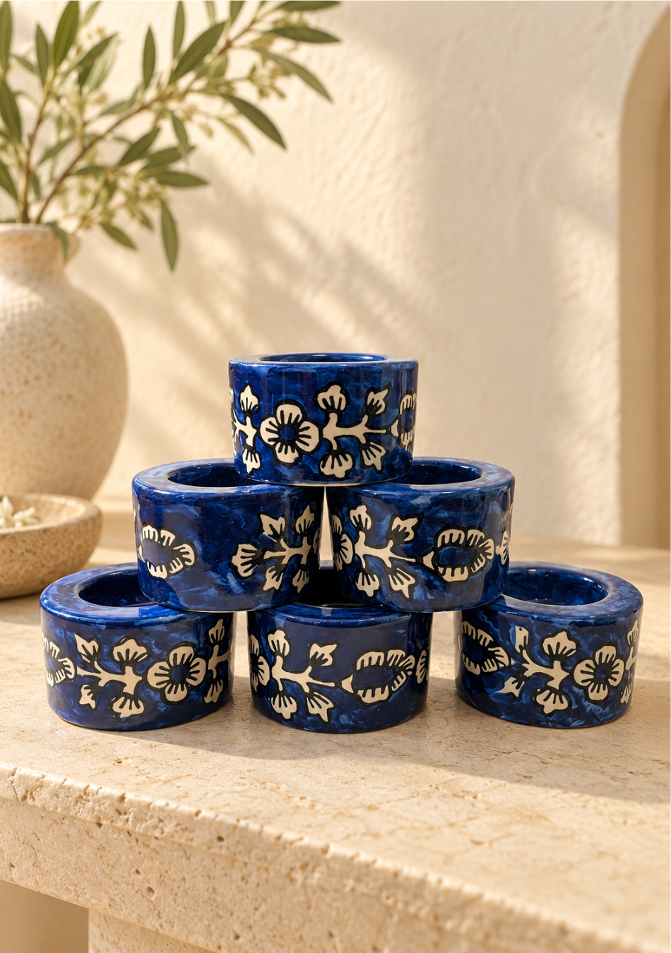 Aravalii Indigo Petals Hand-Painted Tea light Diya Set of 6