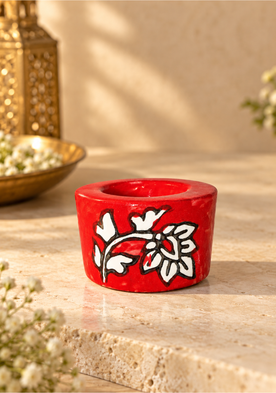 Aravalii Crimson Flora Hand-Painted Diya Set