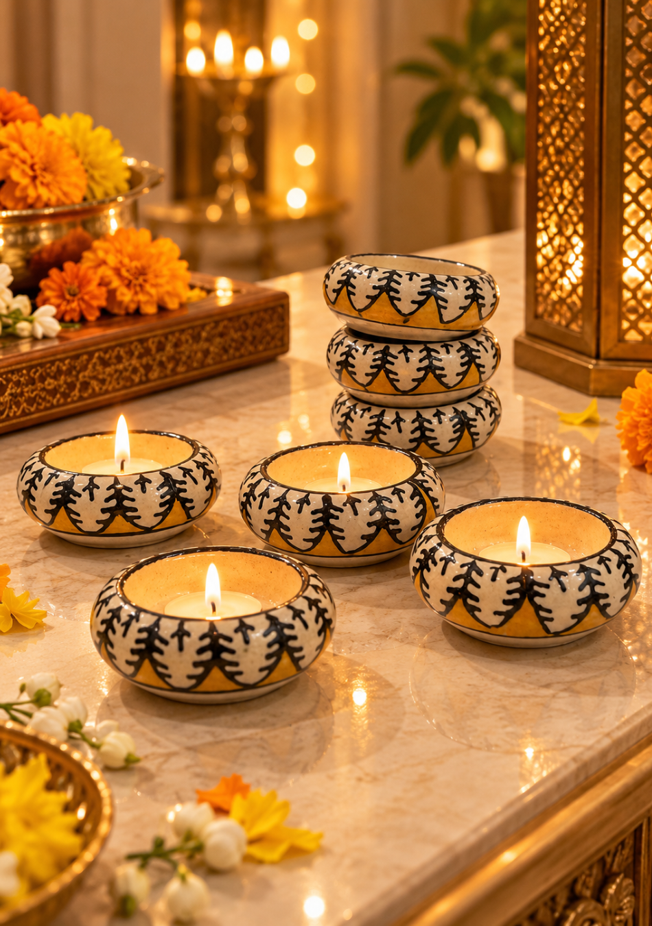Aravalii Yellow Mustard Floral Diya Set of 6