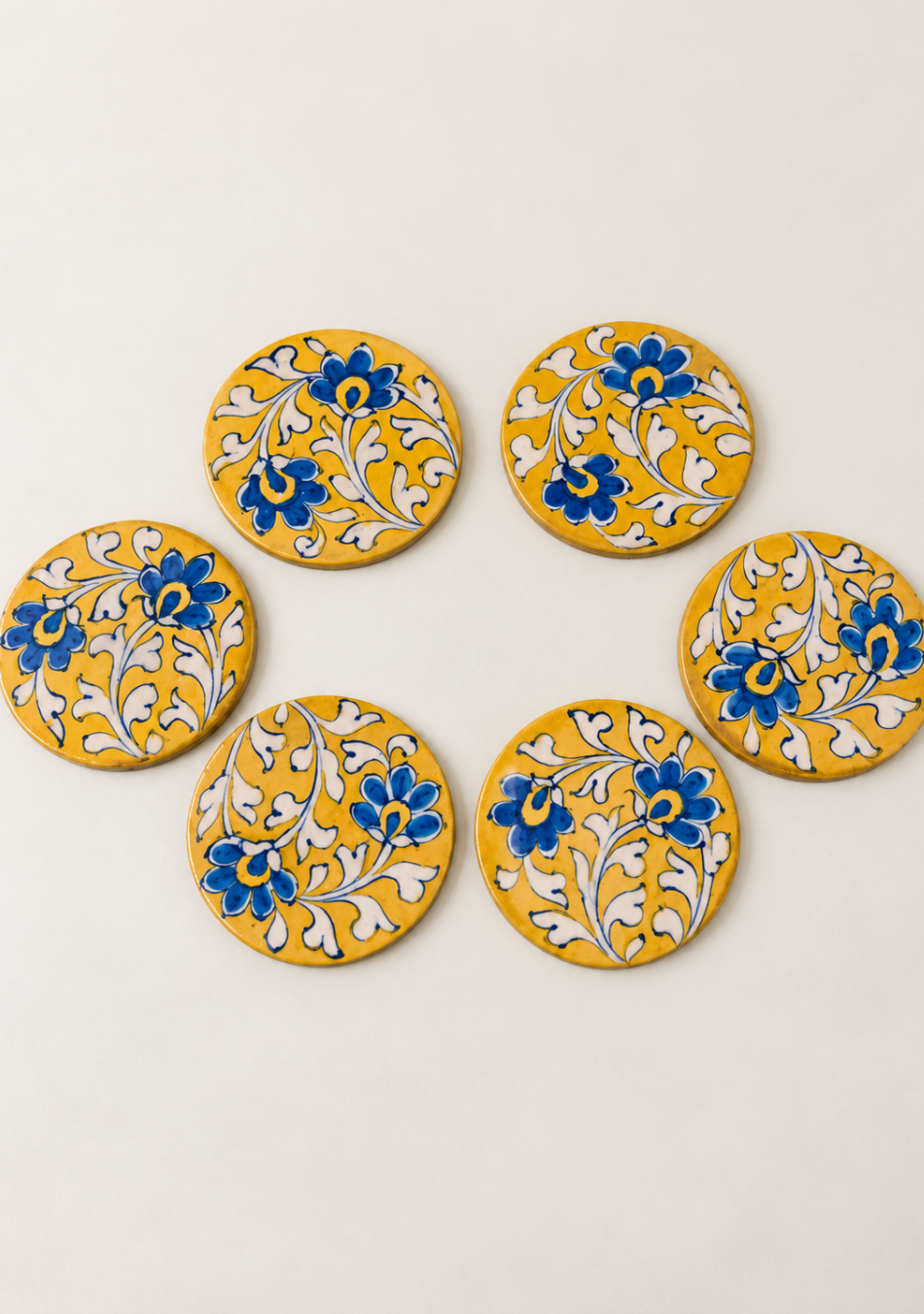 Aravalii Mustard Bloom Blue Pottery Coaster Set