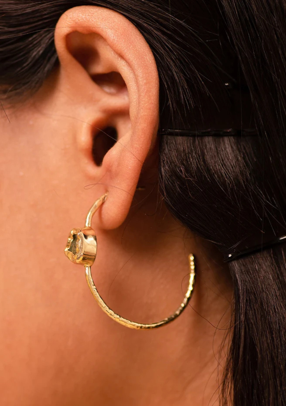 Rough Peridot Gold Loop Earrings