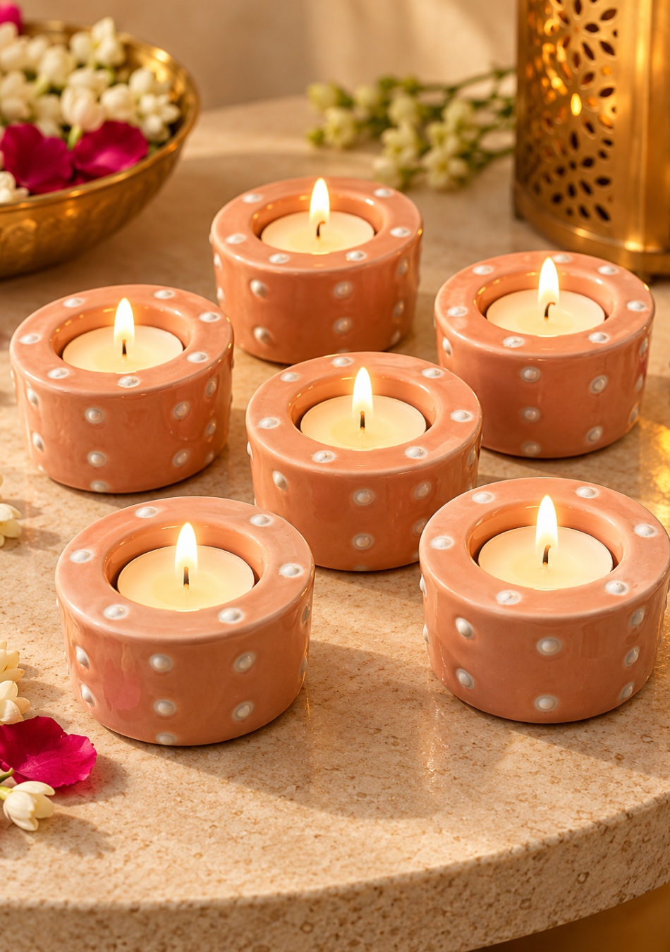Aravalii Peach Dot Tea Light Diya Set of 6