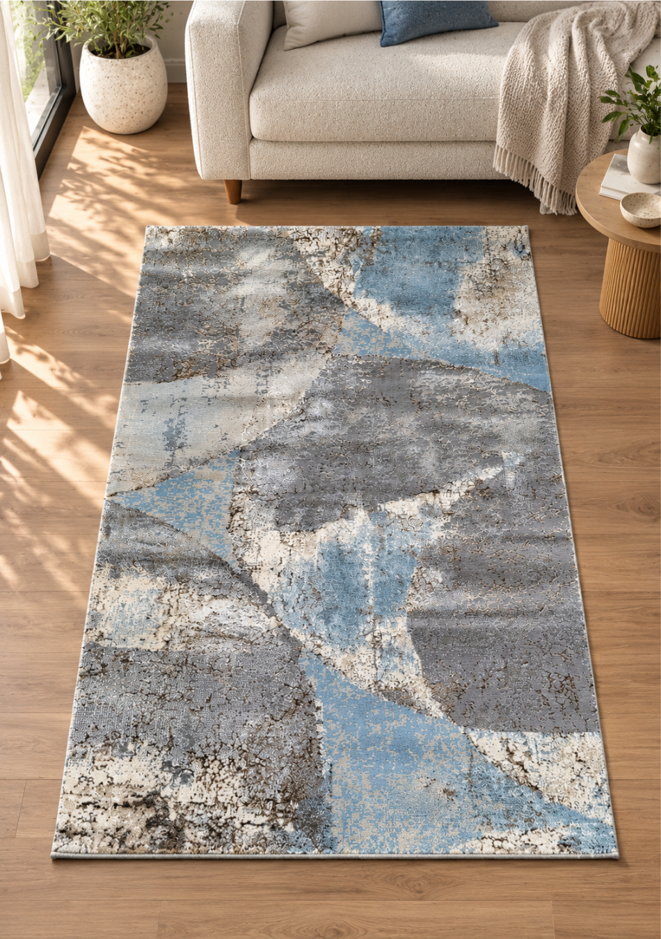 ravalii Misty Geometry Carpet Runner in sky blue, grey, ivory and beige