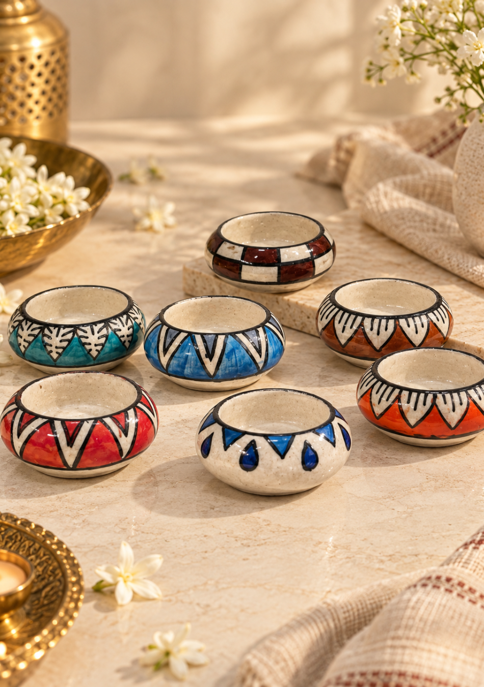 Blue Hand Painted assorted Diya - Set of 6