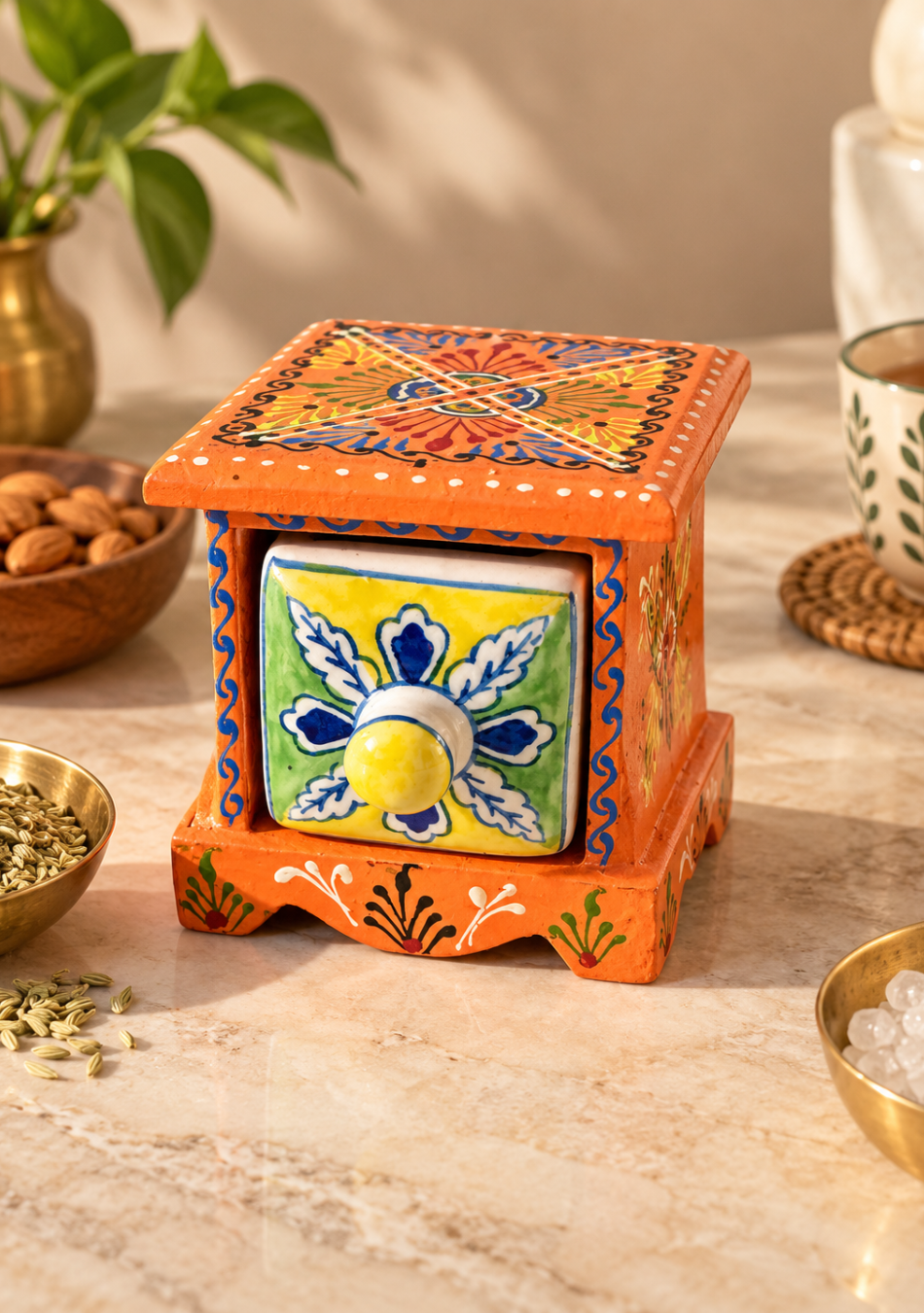 Aravalii Orange Rangoli Hand-Painted Drawer Chest