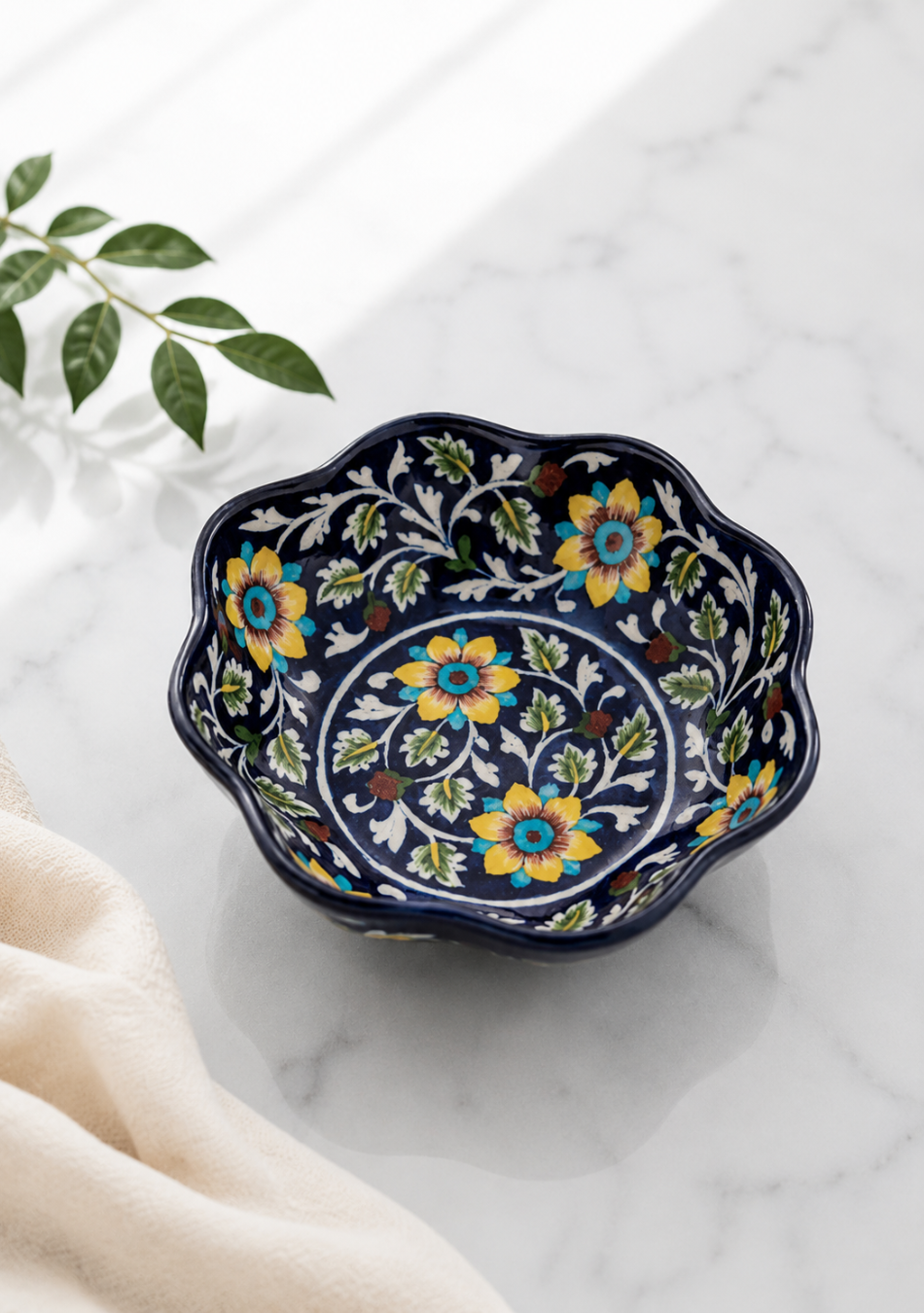 Yellow Flower Pattern Lotus Shaped Dark Blue Bowl