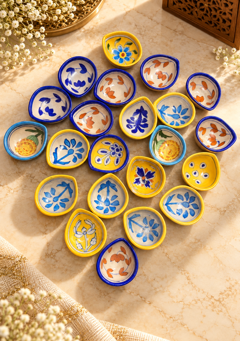 Aravalii Blue Pottery Assorted Rangoli Hand-Painted Diya - Set of 6