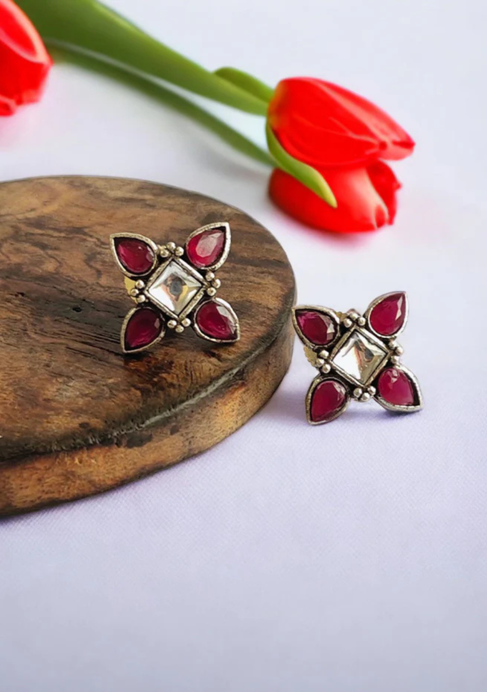 Snowy Ruby Petal Stud Earrings