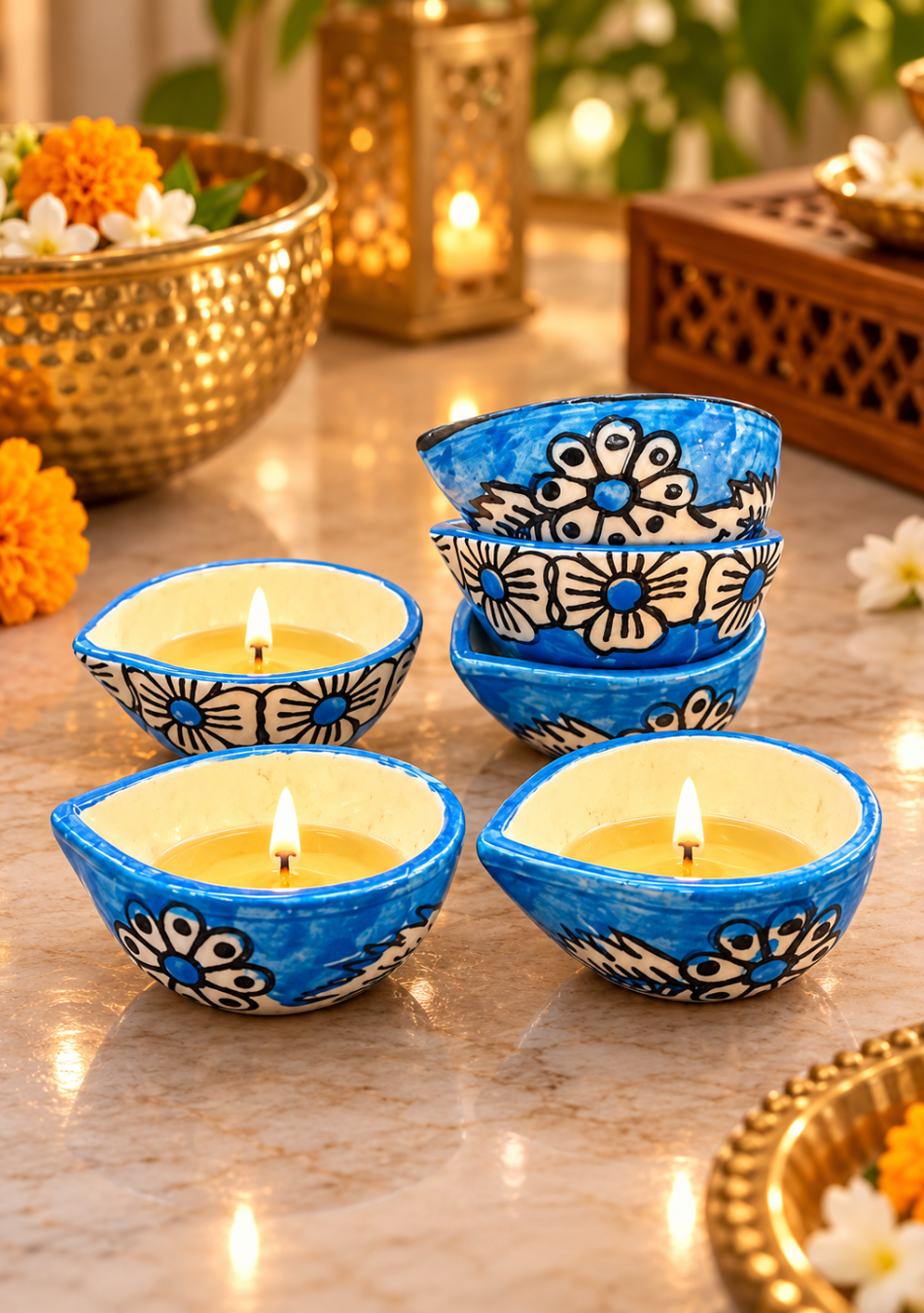 Sky Blue blossom Diya - set of 6