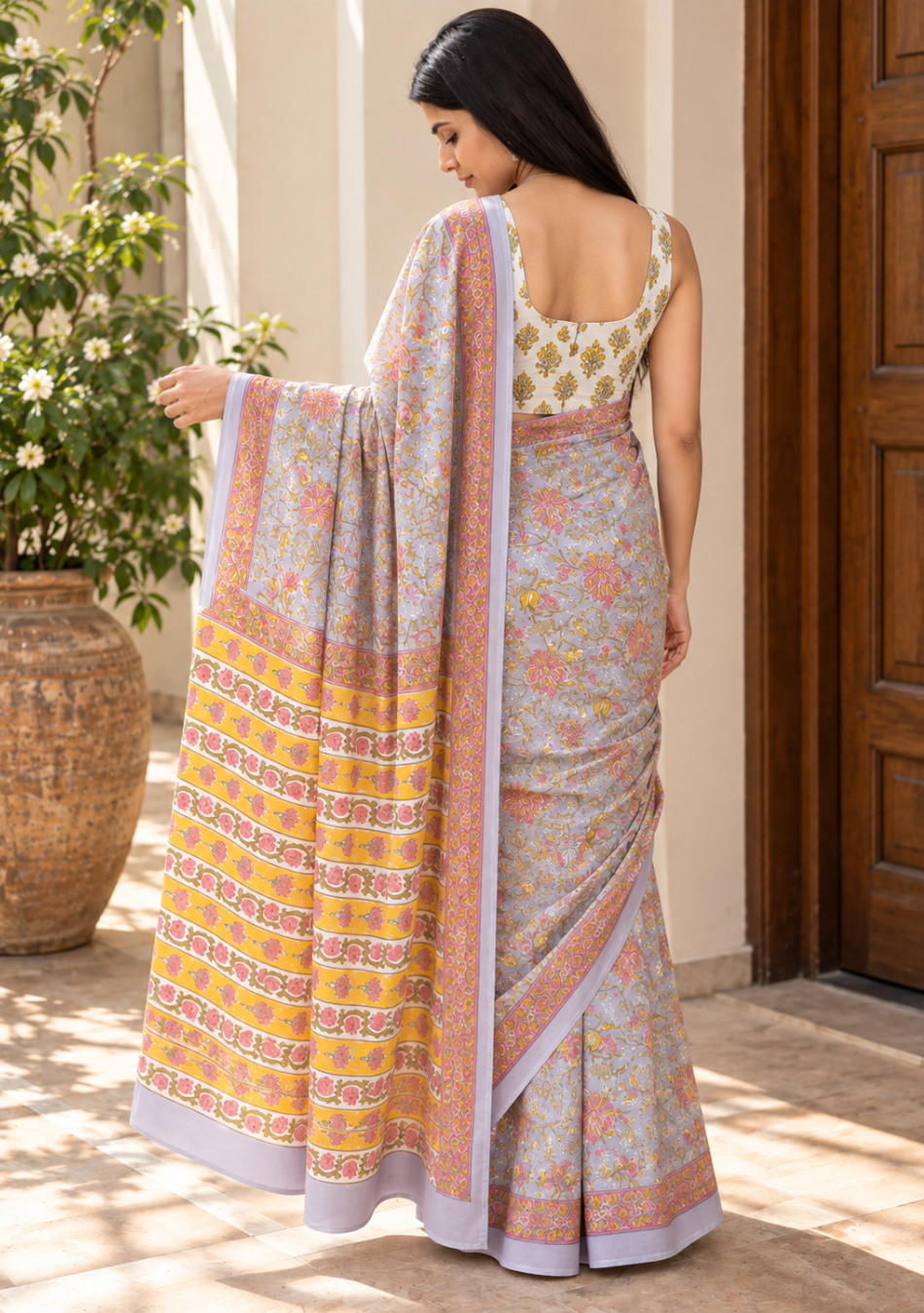 Aravalii Lavender Floral Cotton Hand Block Saree