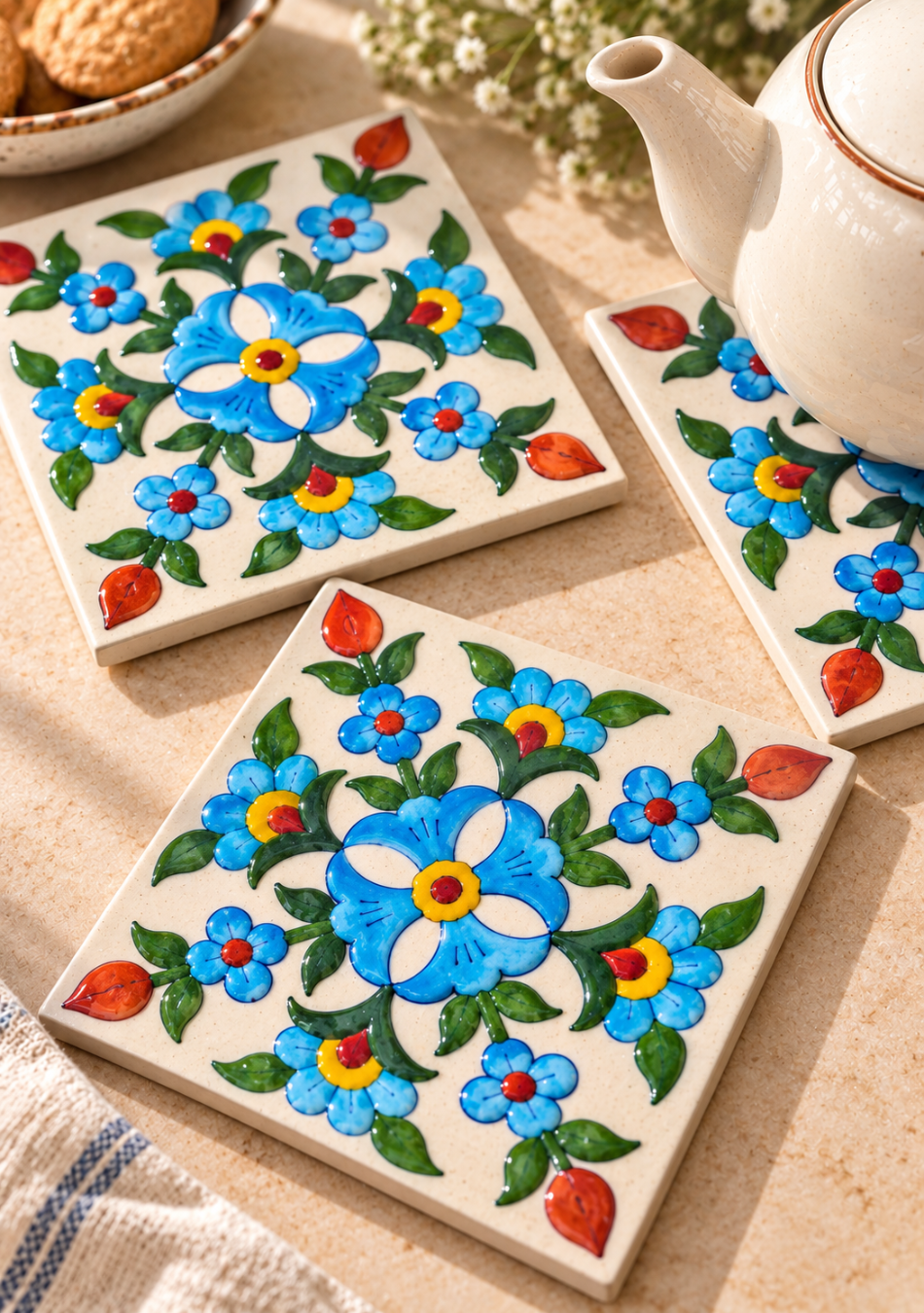 Aravalii Blue Blossom Embossed Hand-Painted Trivet