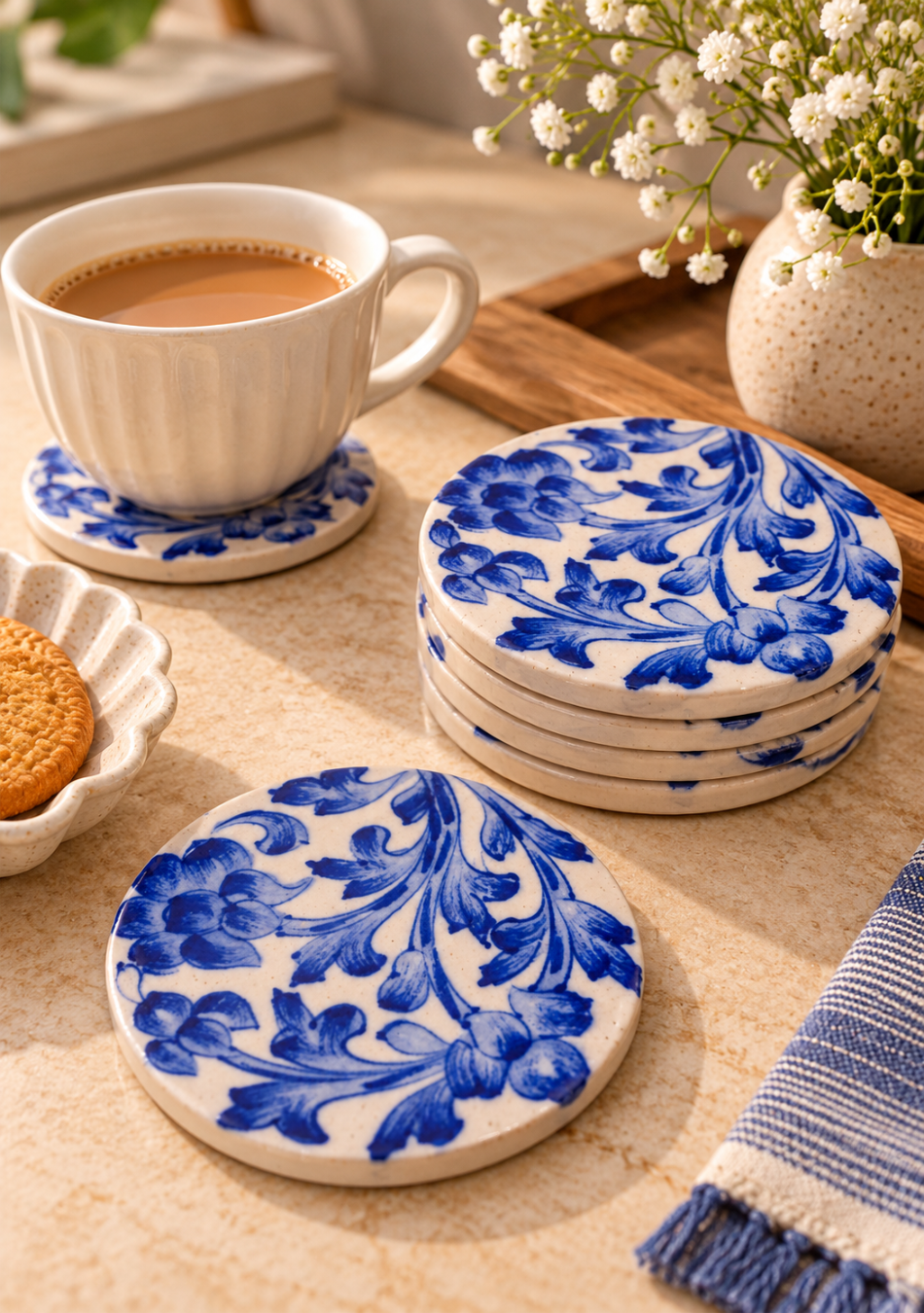Aravalii Blue Pottery Bloom Coaster Set