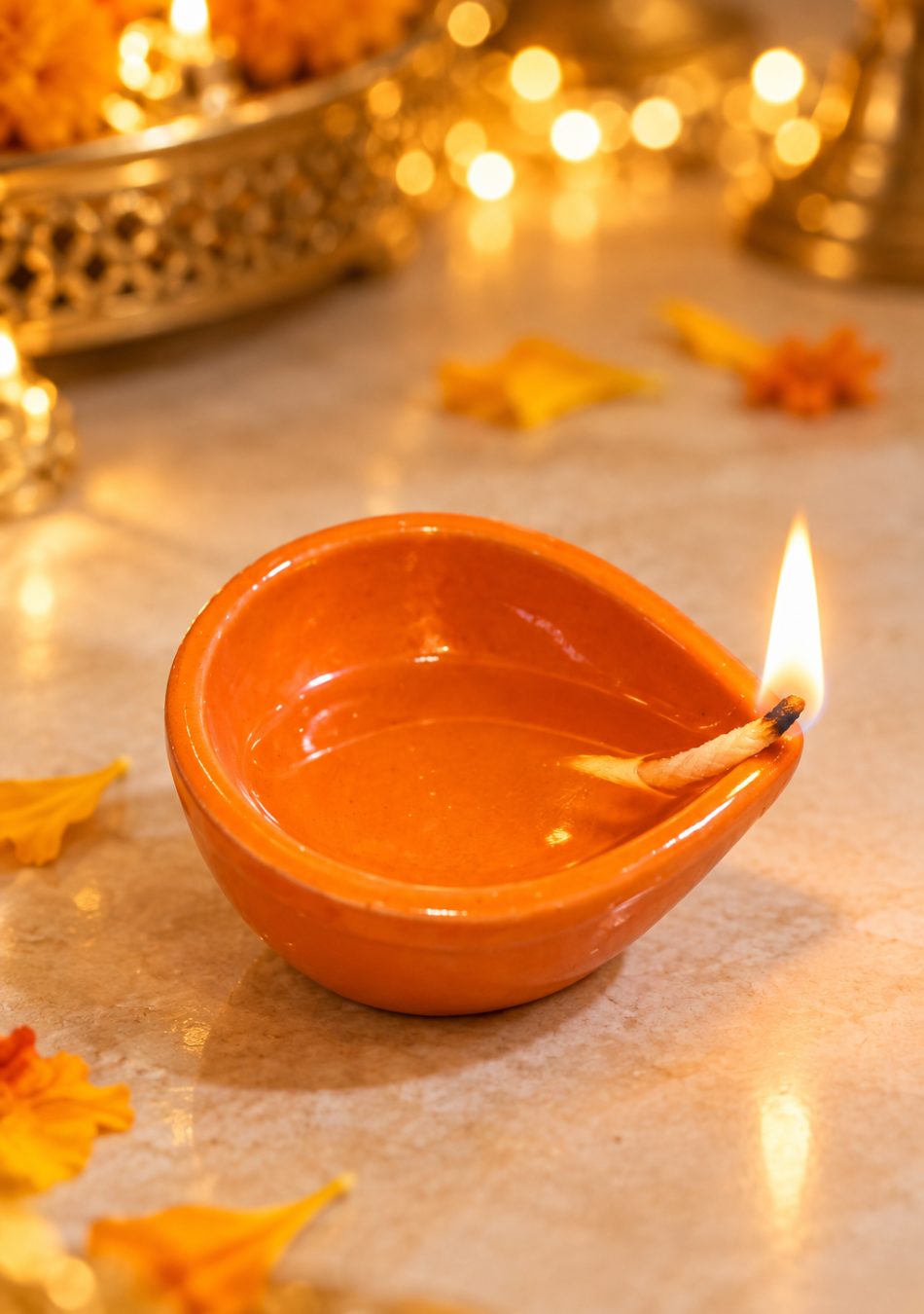 Aravalii orange Teardrop Glow Ceramic Diya Set of 6