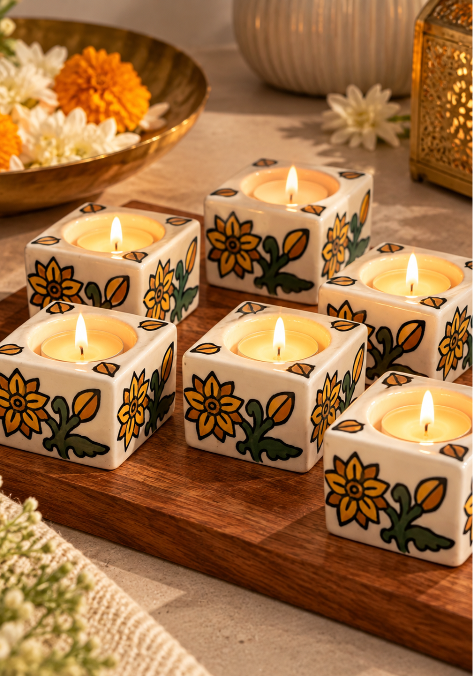 White Diya with Yellow Floral  Design -  Set of 6
