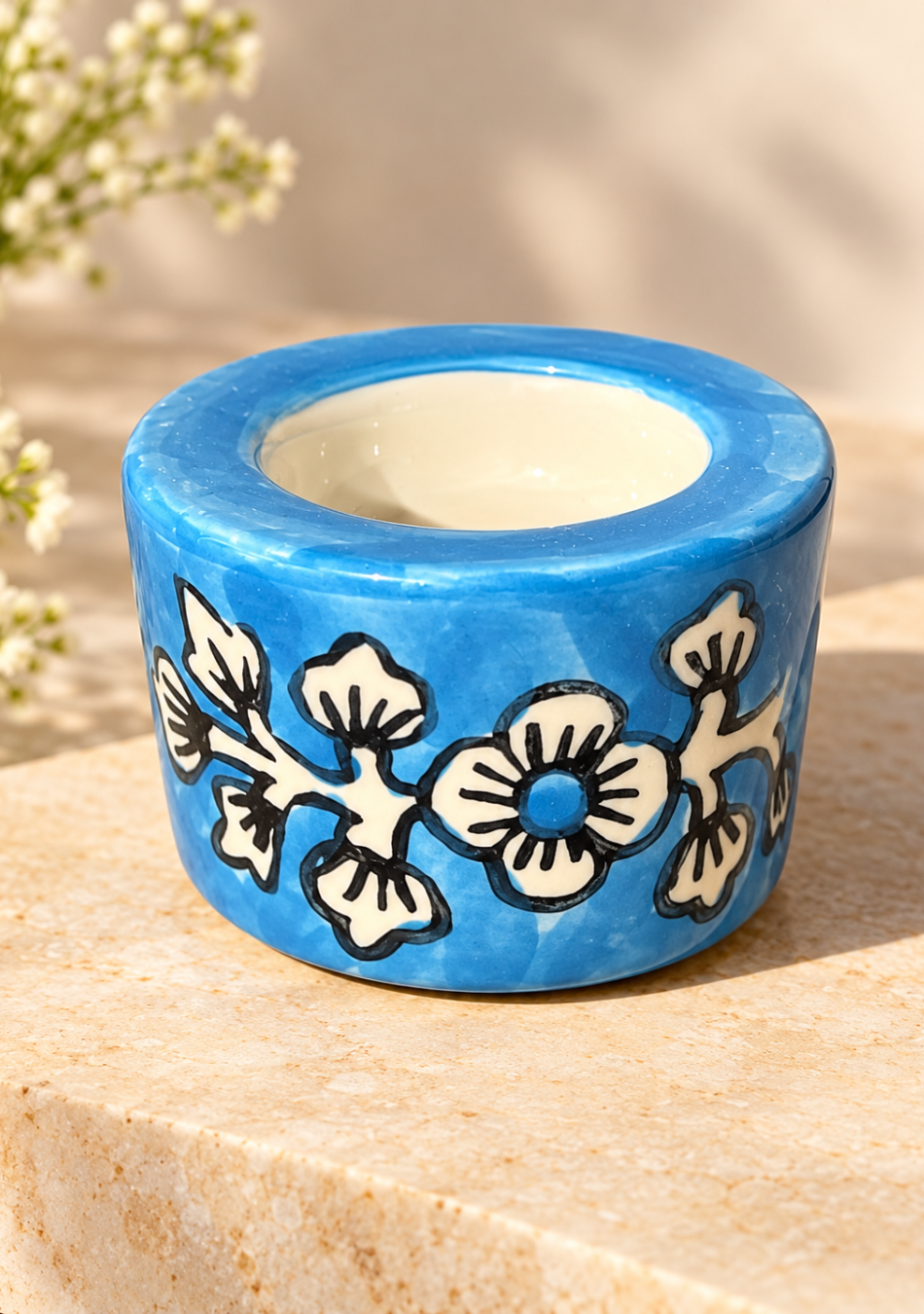 Aravalii Azure Bloom Hand-Painted Tealight Diya