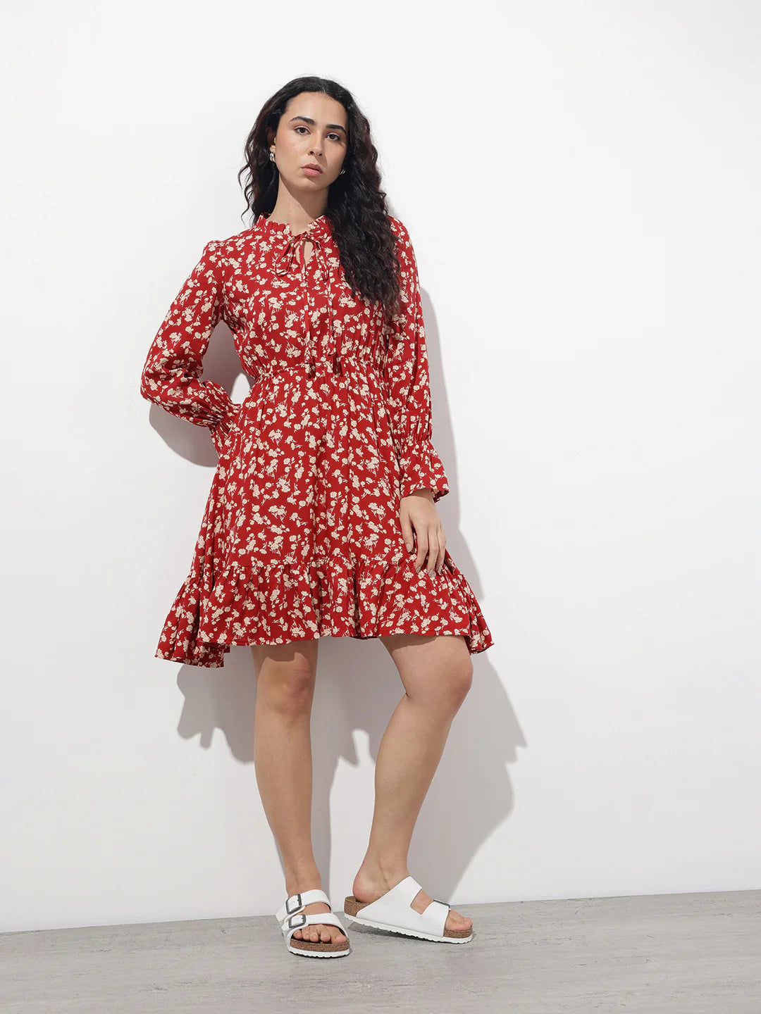 Aravalii Maroon Round Neck Floral Print Rayon Midi Dress