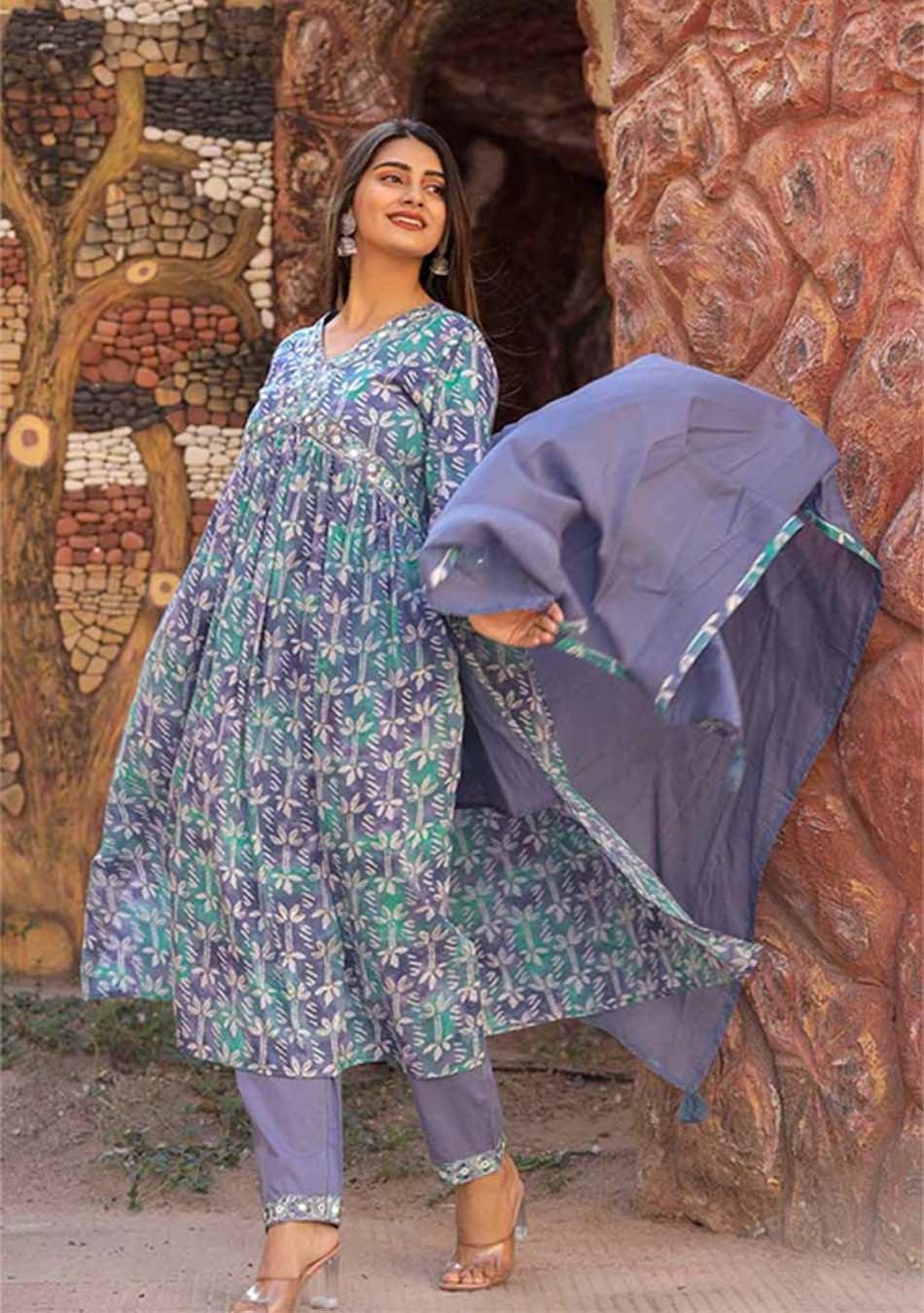 Blue Green Mirror Work Suit
