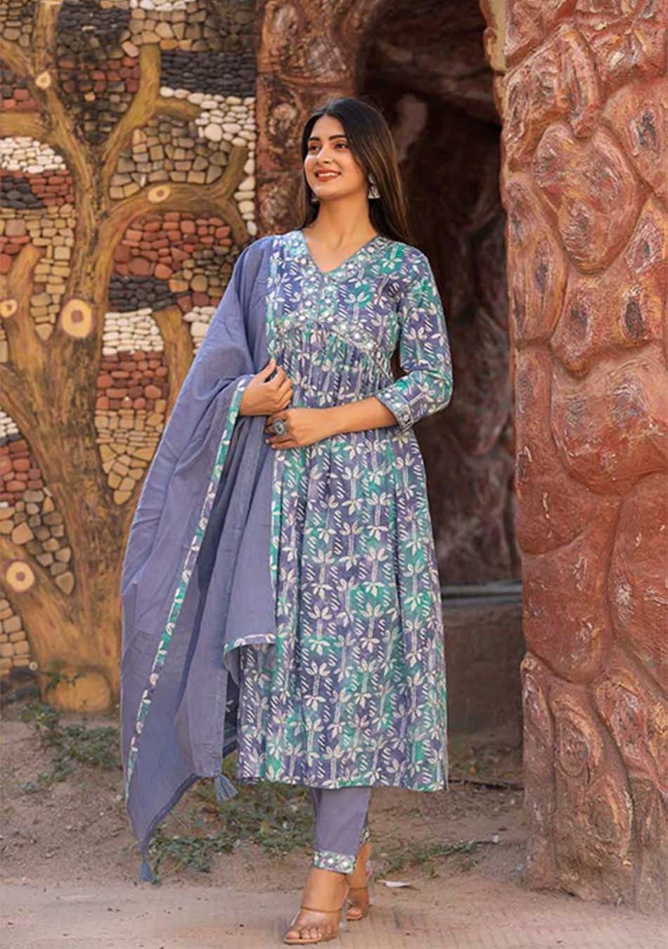 Blue Green Mirror Work Suit