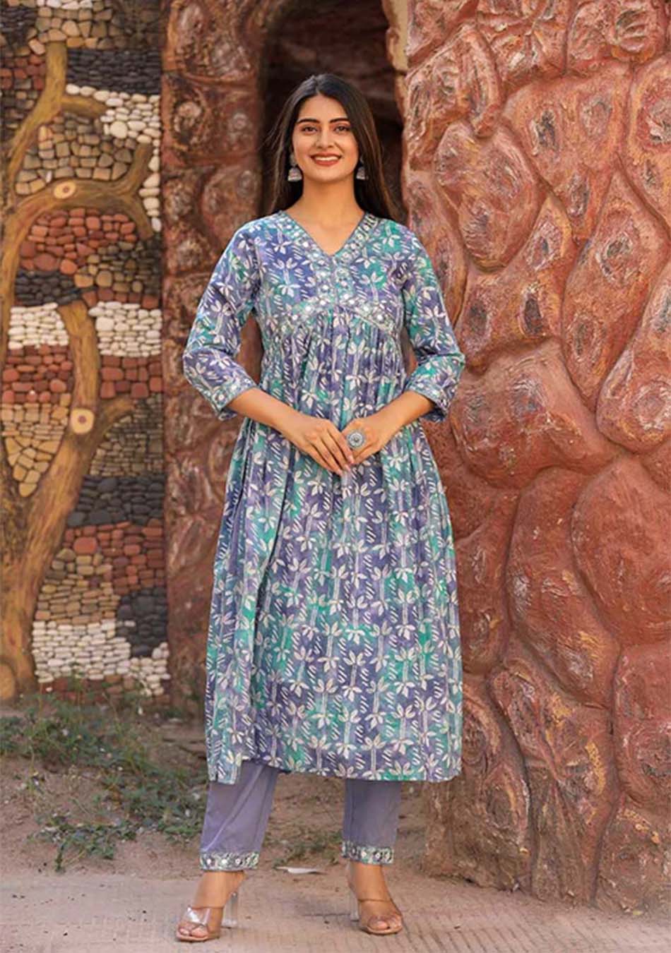 Blue Green Mirror Work Suit