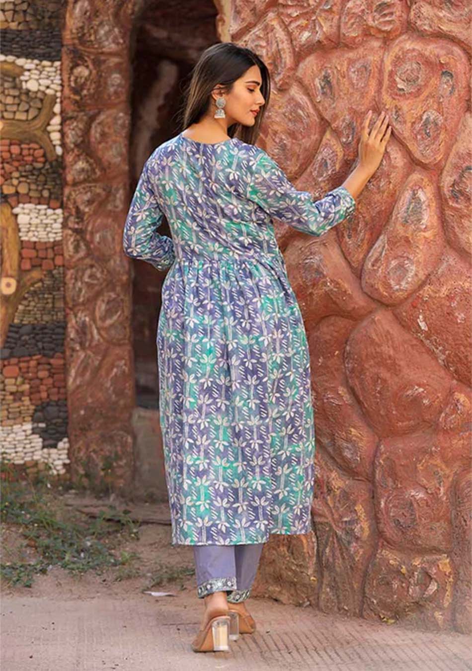 Blue Green Mirror Work Suit
