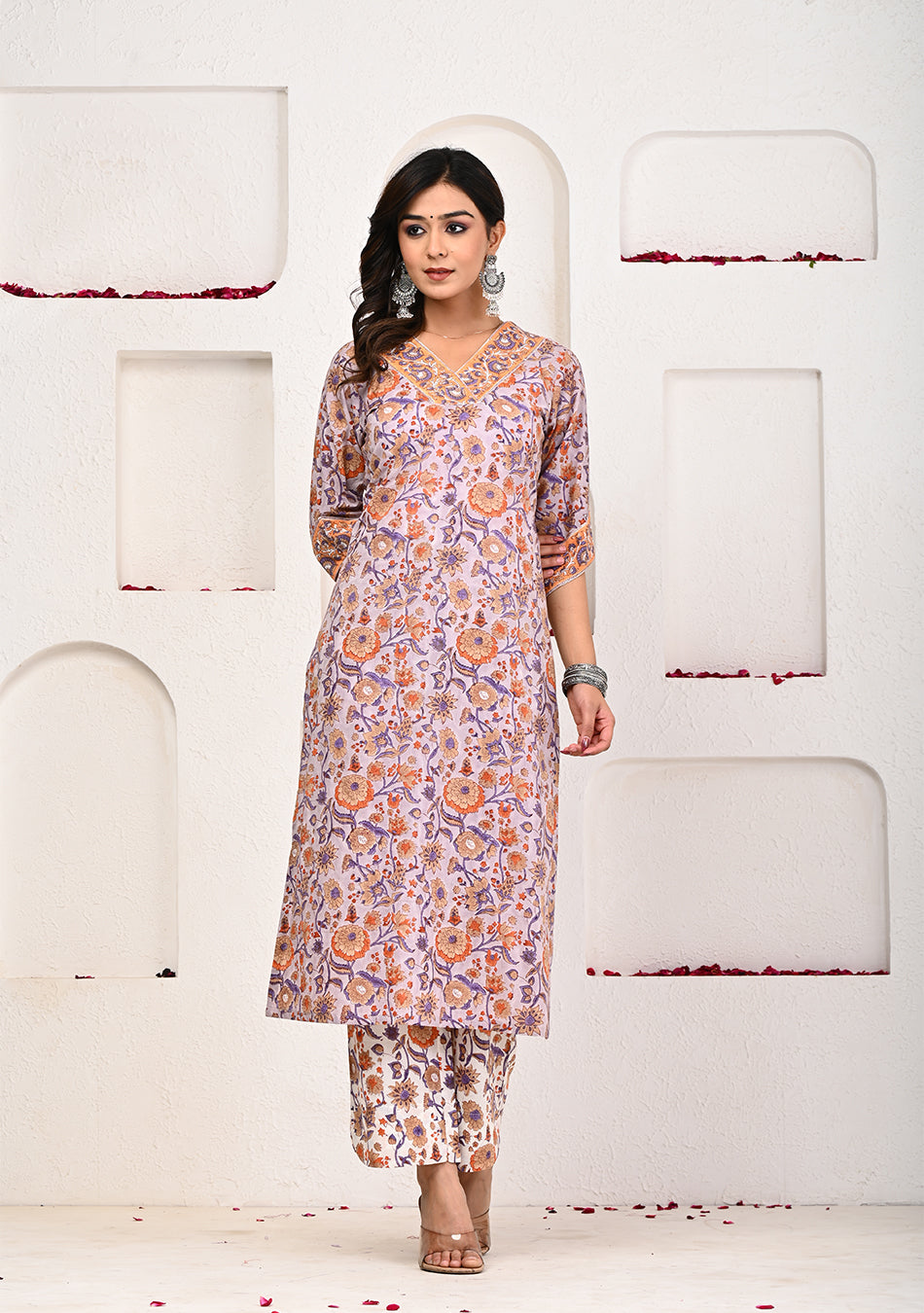 Lilac Blossom Hand Block Printed Suit with Dupatta