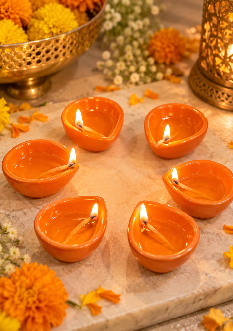 Aravalii orange Teardrop Glow Ceramic Diya Set of 6