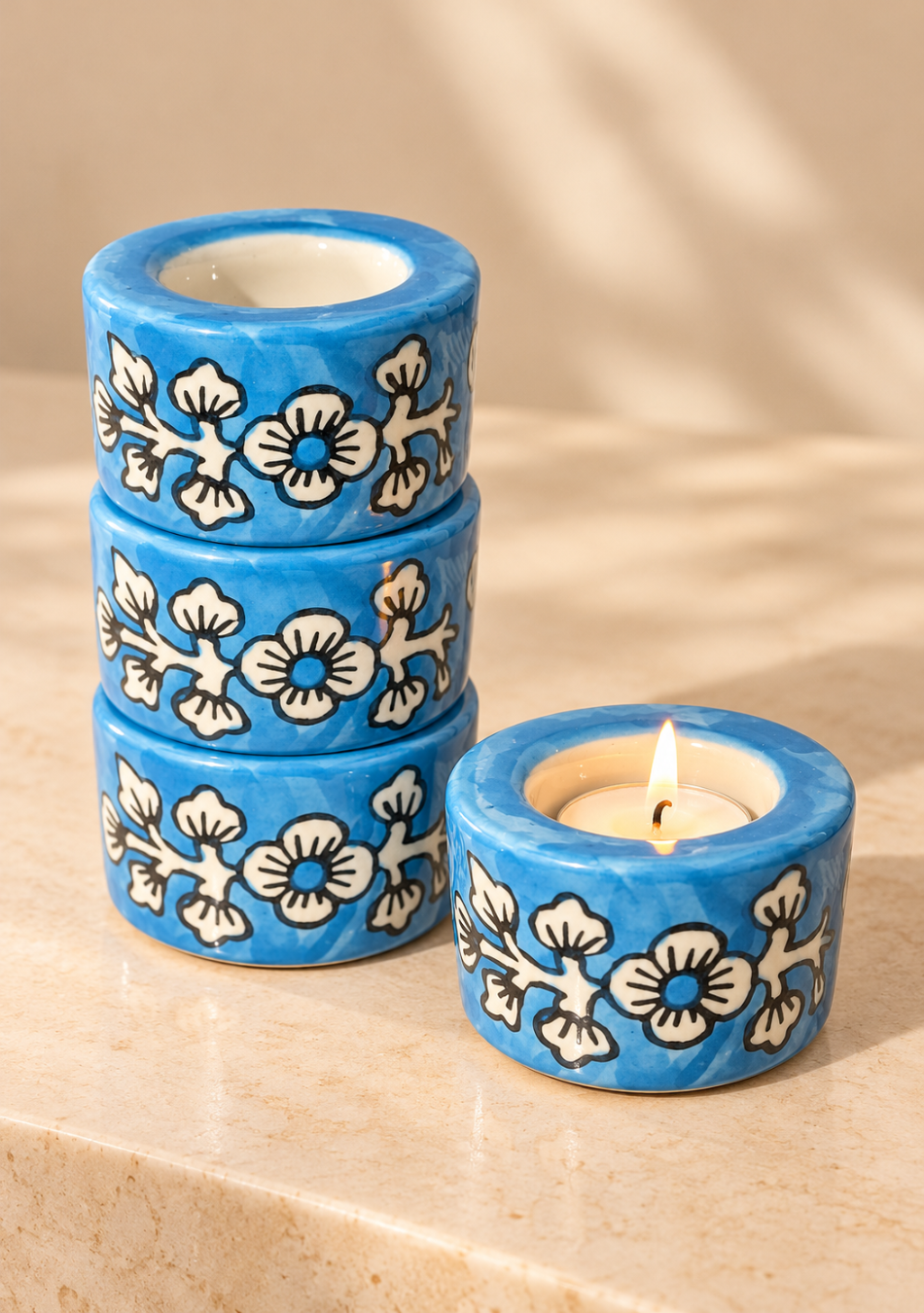 Aravalii Azure Bloom Hand-Painted Tealight Diya