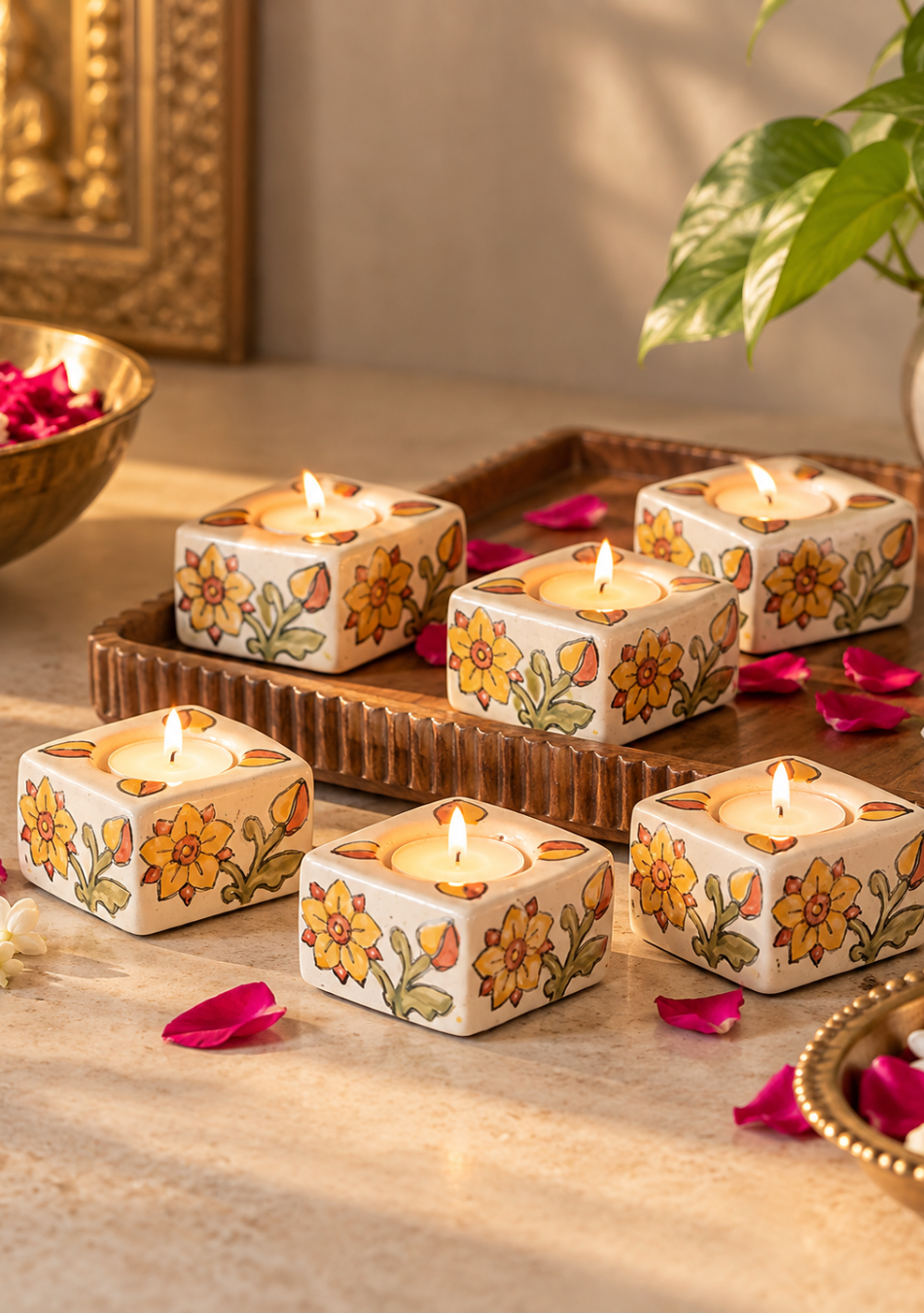 White Diya with Yellow Floral  Design -  Set of 6