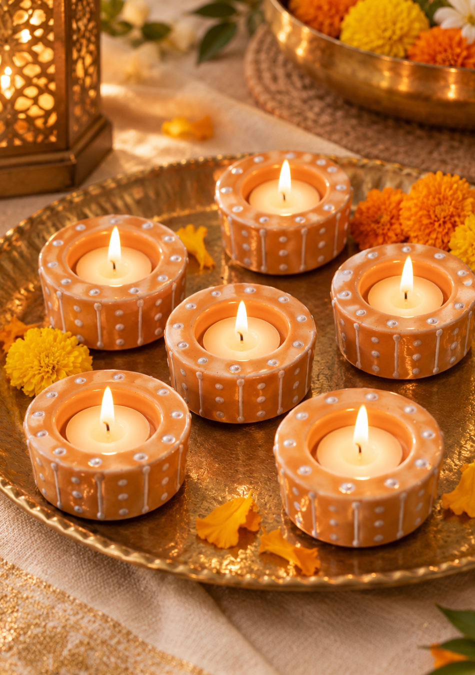 Aravalii Golden Aura Handcrafted Ceramic Tealight Diya Set of 6