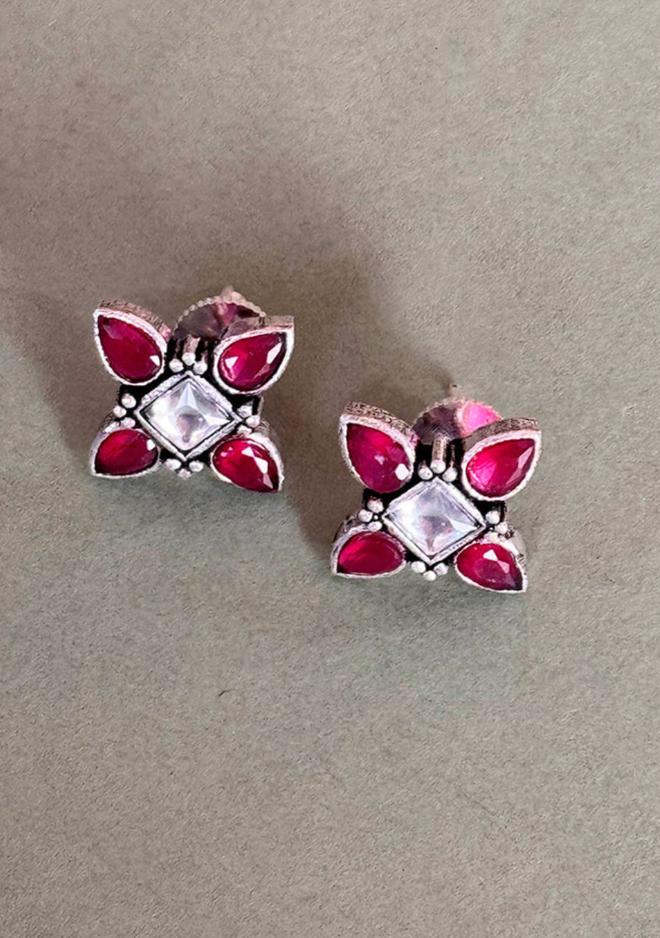 Snowy Ruby Petal Stud Earrings