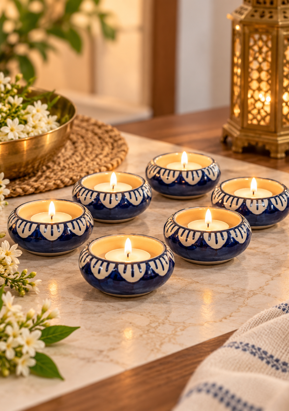 Aravalii Navy Petals Ceramic Tea Light Diya Set of 6