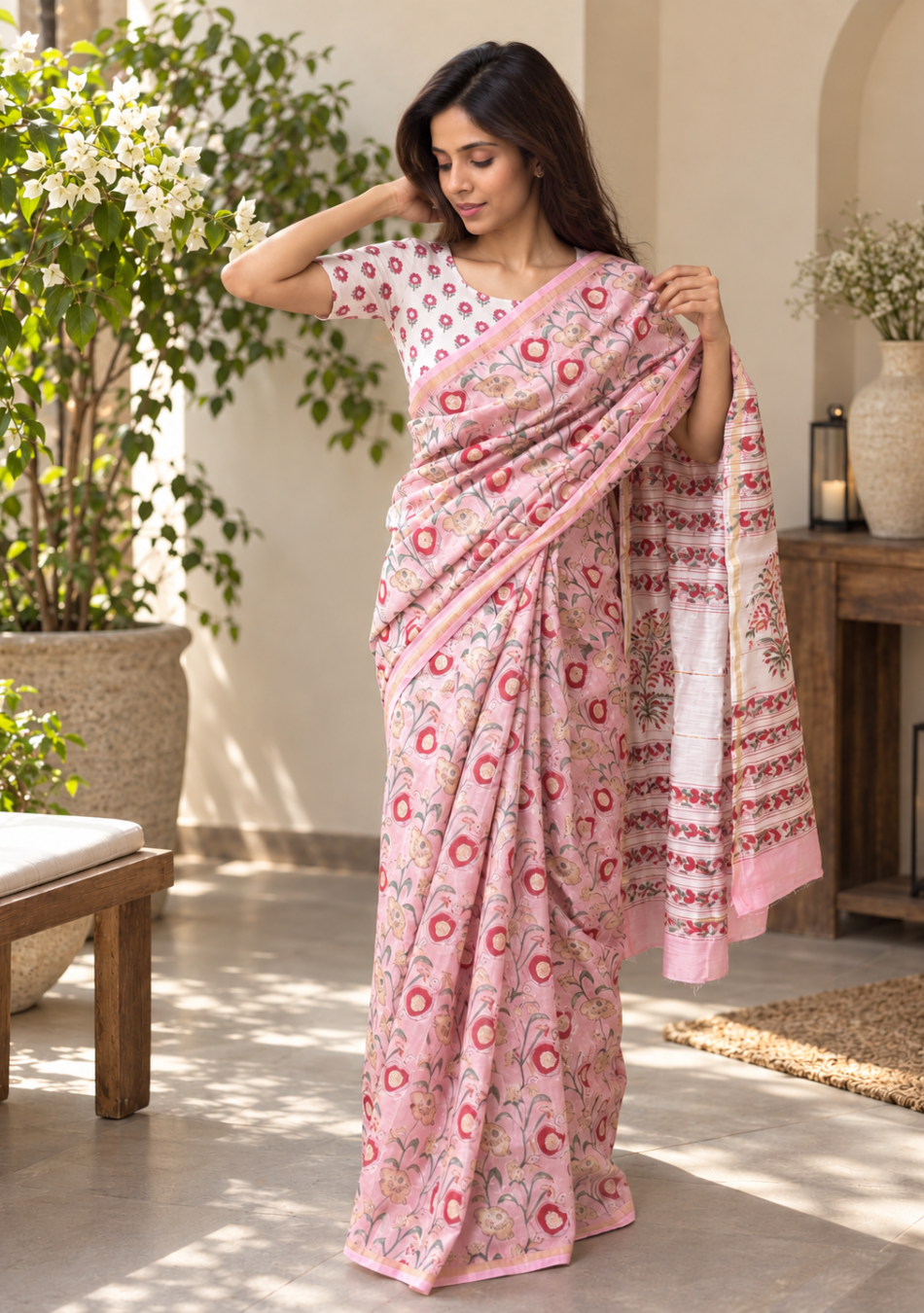Pink Floral Chanderi Handblock Saree with Blouse Piece