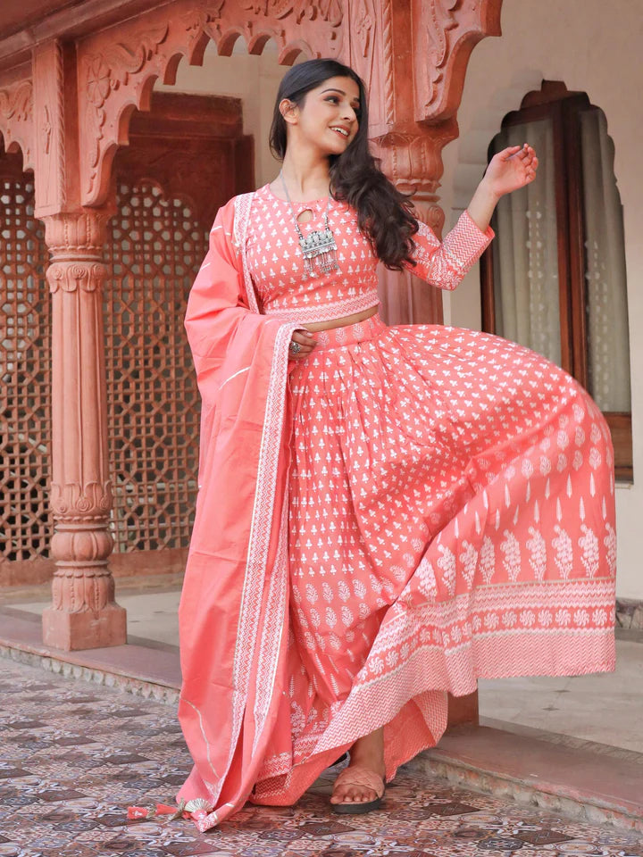 Pink Printed Crop Top, lehenga with Dupatta set