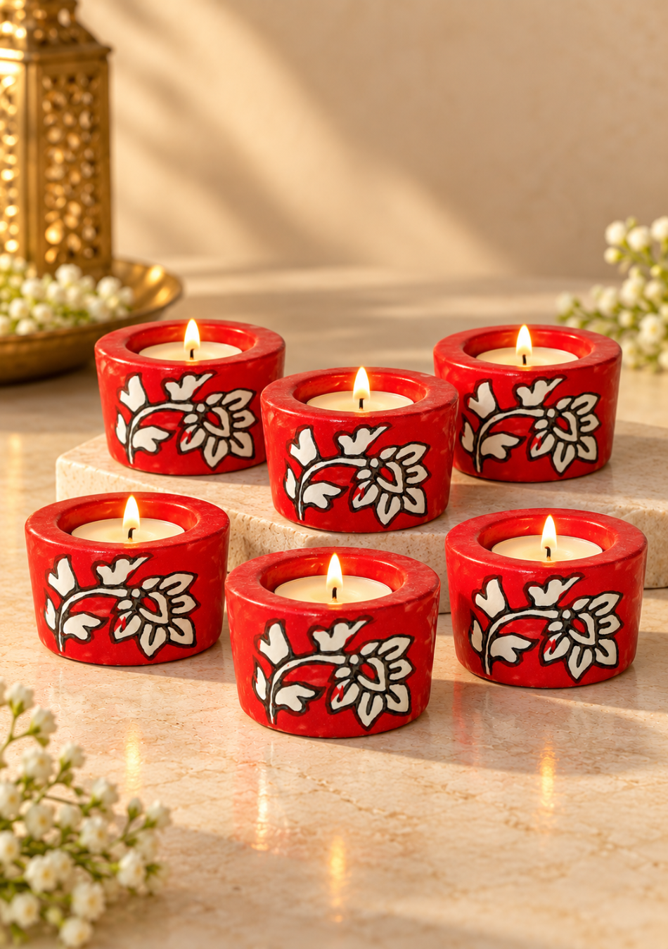 Aravalii Crimson Flora Hand-Painted Diya Set