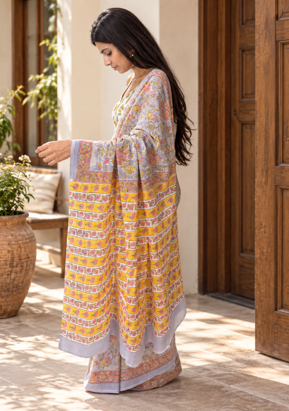 Aravalii Lavender Floral Cotton Hand Block Saree