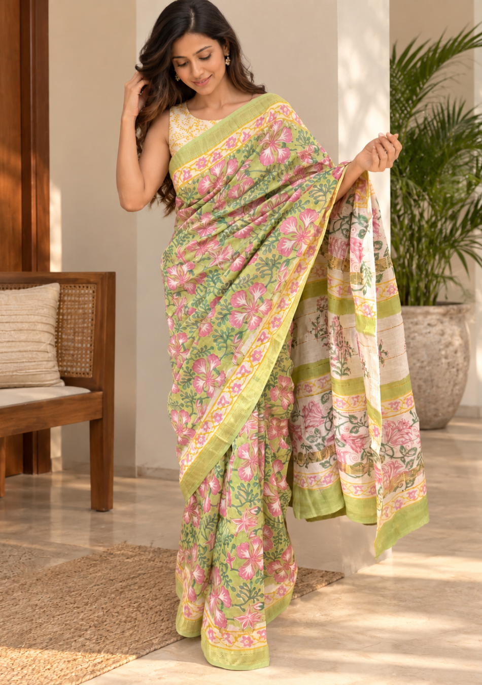 Aravalii Gulmohar Hand Block Chanderi Saree