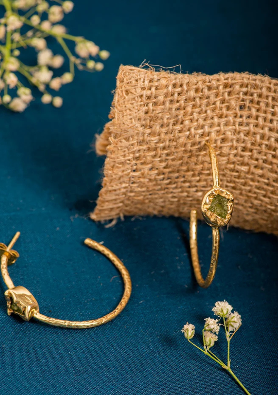 Rough Peridot Gold Loop Earrings
