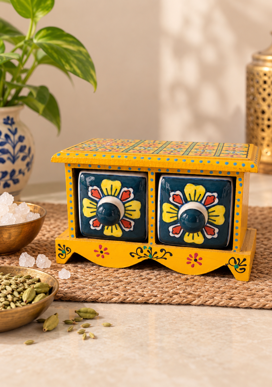 Aravalii Yellow Rangoli 2-Drawer Condiment Chest