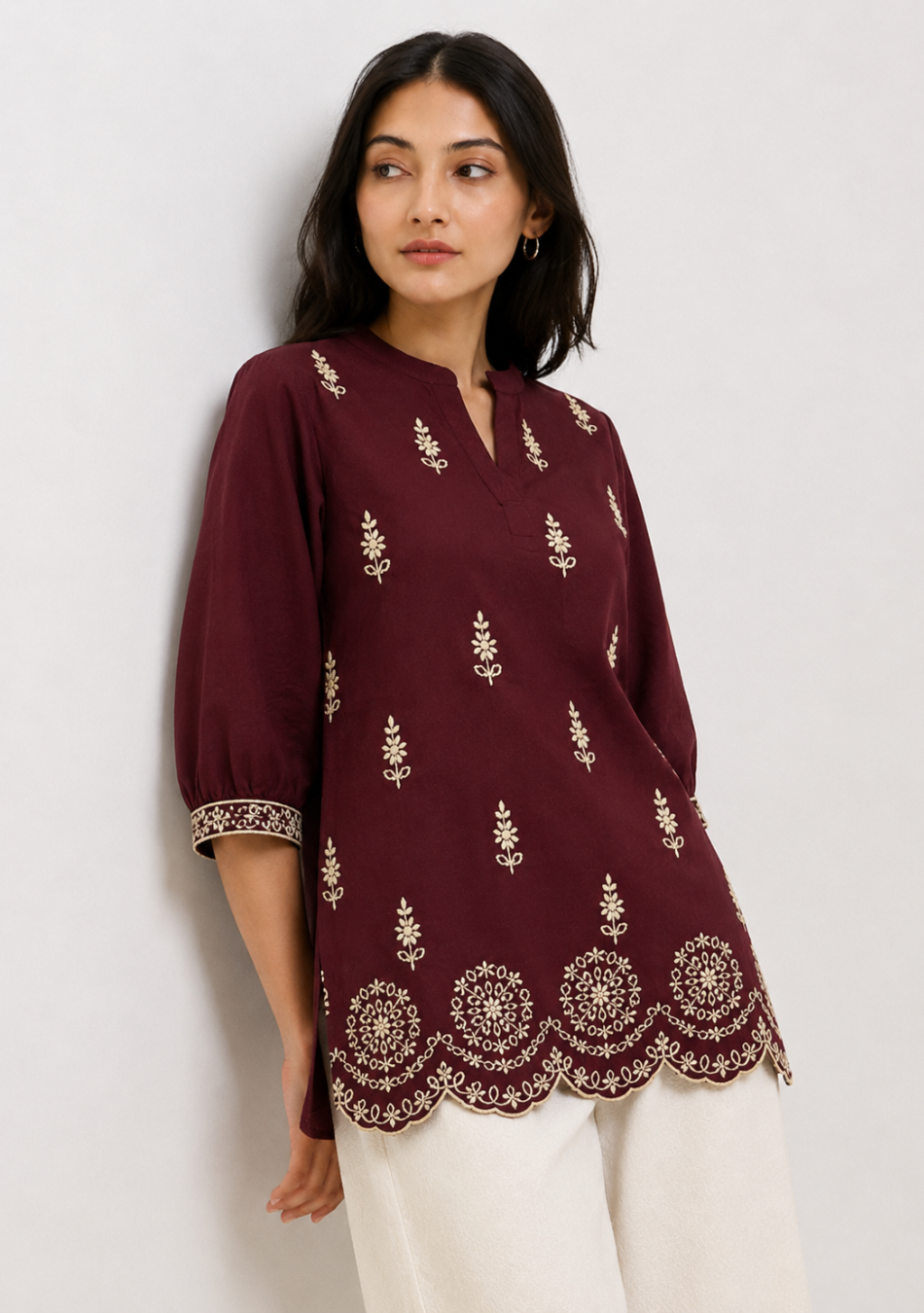 Wine Scallop Hem Embroidered Top