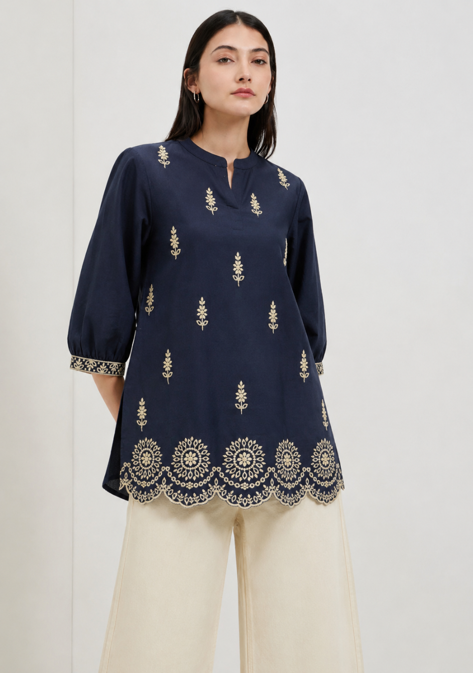 Black Scallop Hem Embroidered Top