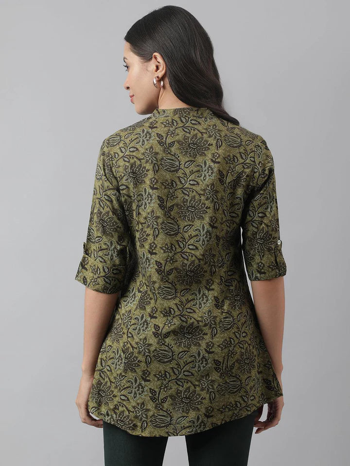 Olive Green Floral Printed Rayon A-line Shirt Style Top
