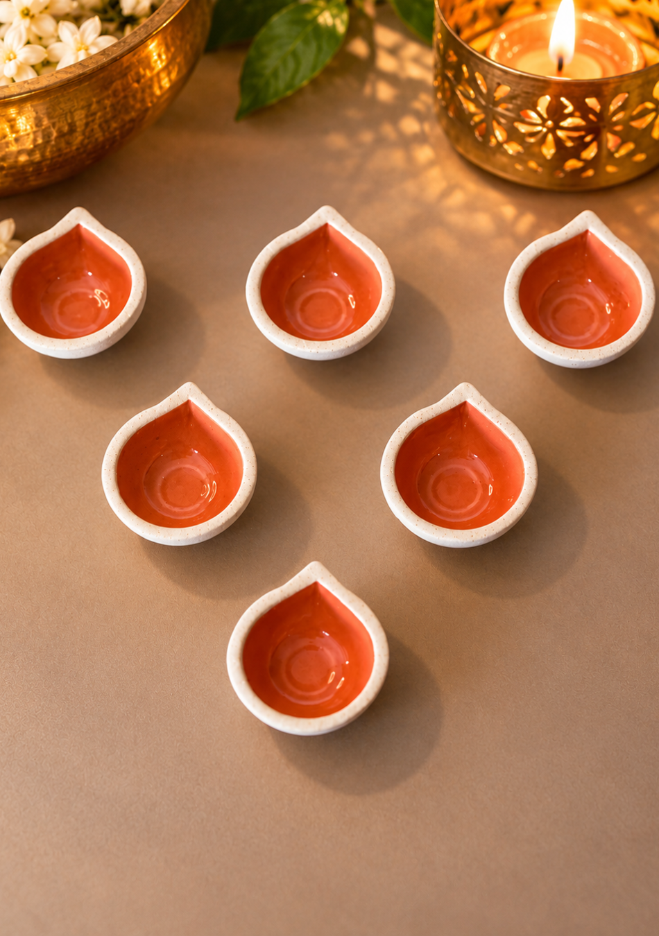 Orange Ceramic Diya - Set of 6