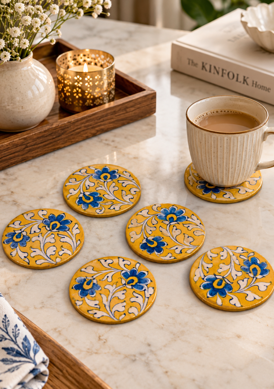 Aravalii Mustard Bloom Blue Pottery Coaster Set
