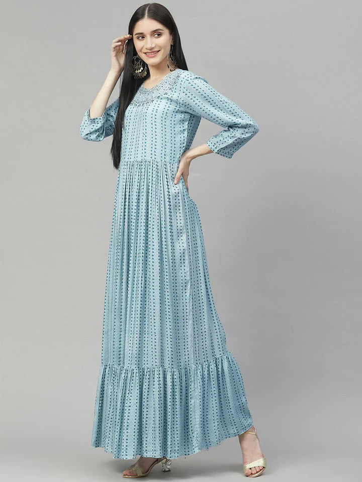 Blue Muslin Flared Gown
