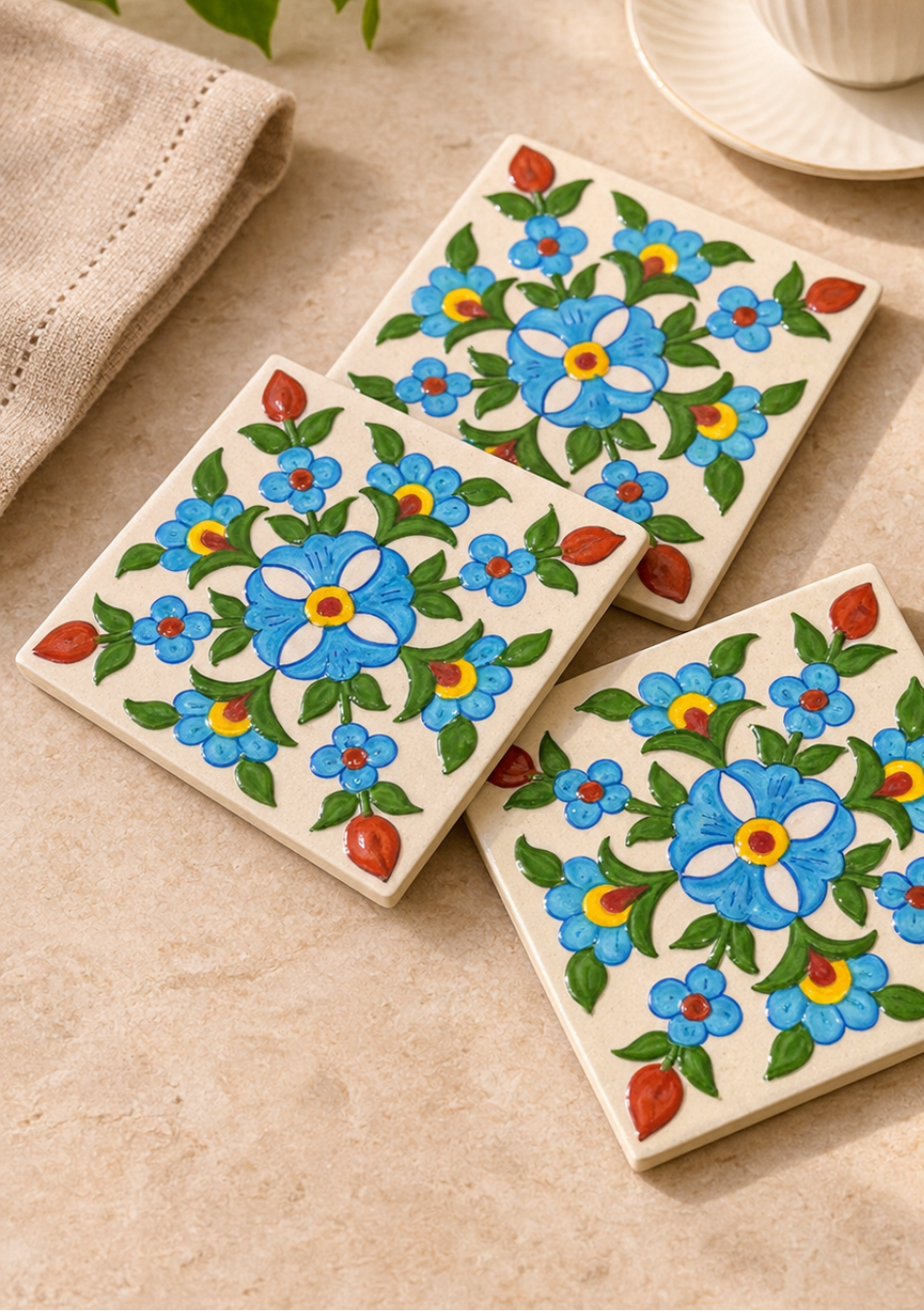 Aravalii Blue Blossom Embossed Hand-Painted Trivet