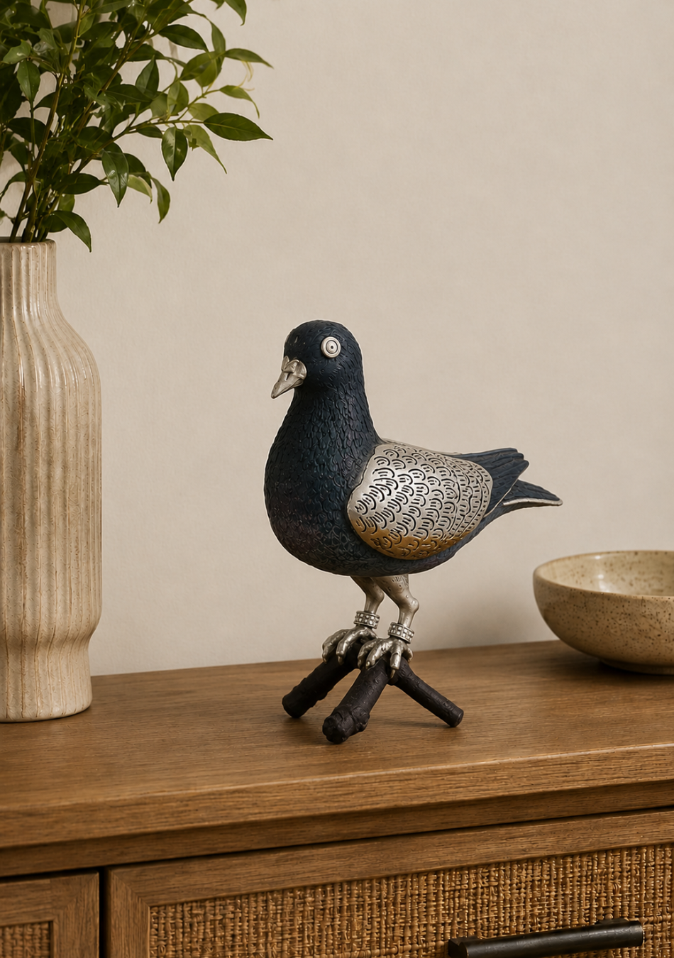 Aravalii Silver Pigeon Figurine in an electro-plated grey antique finish styled on a luxury console table"